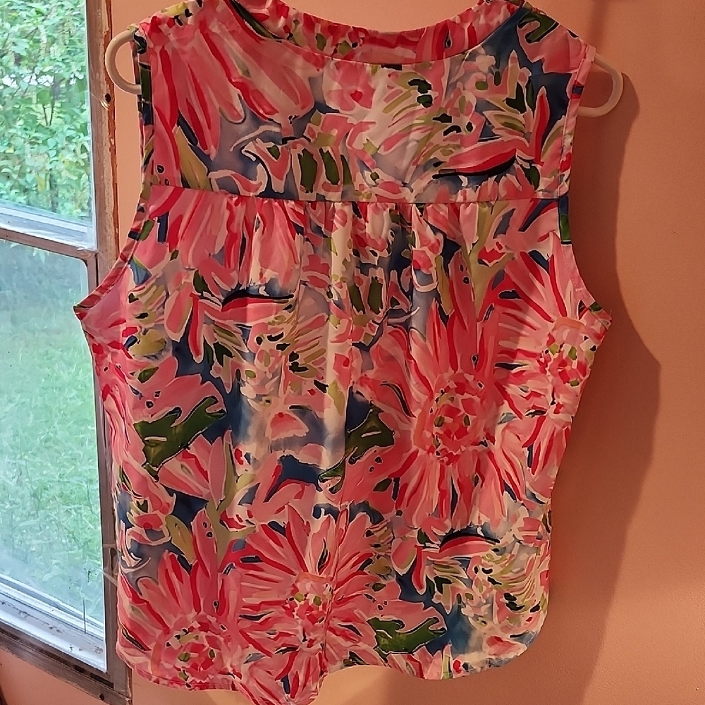 4/$20 SHEIN Vibrant Floral V-Neck Blouse - Pink and Blue - Picture 4 of 5
